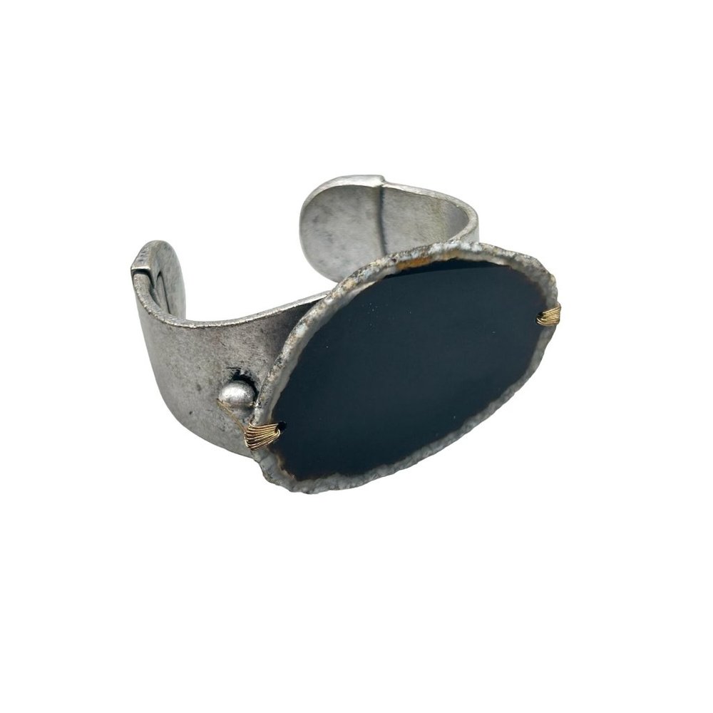 Unusual Black Stone Slab Cuff Bracelet Silver Tone Hinged Side Statement Cuff